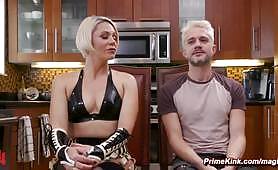Blond submissive man whipped by MILF femdom